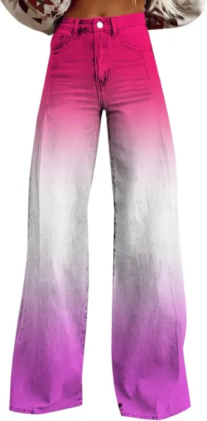 Flare Jeans for Women High Waist Wide Leg Palazzo Bell Bottom Boyfriend Denim Pants Gradient Color Baggy Ankle Jeans