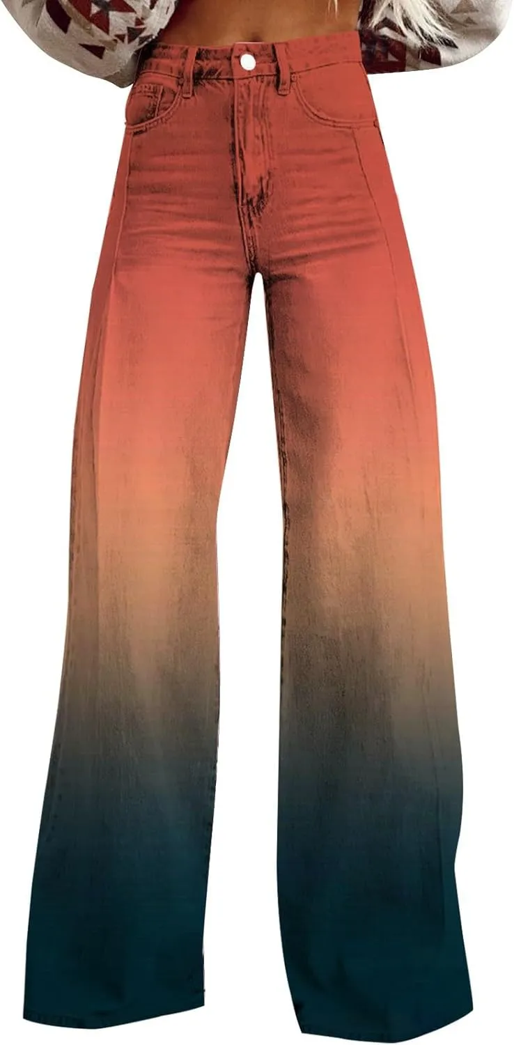 Flare Jeans for Women High Waist Wide Leg Palazzo Bell Bottom Boyfriend Denim Pants Gradient Color Baggy Ankle Jeans