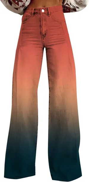 Flare Jeans for Women High Waist Wide Leg Palazzo Bell Bottom Boyfriend Denim Pants Gradient Color Baggy Ankle Jeans
