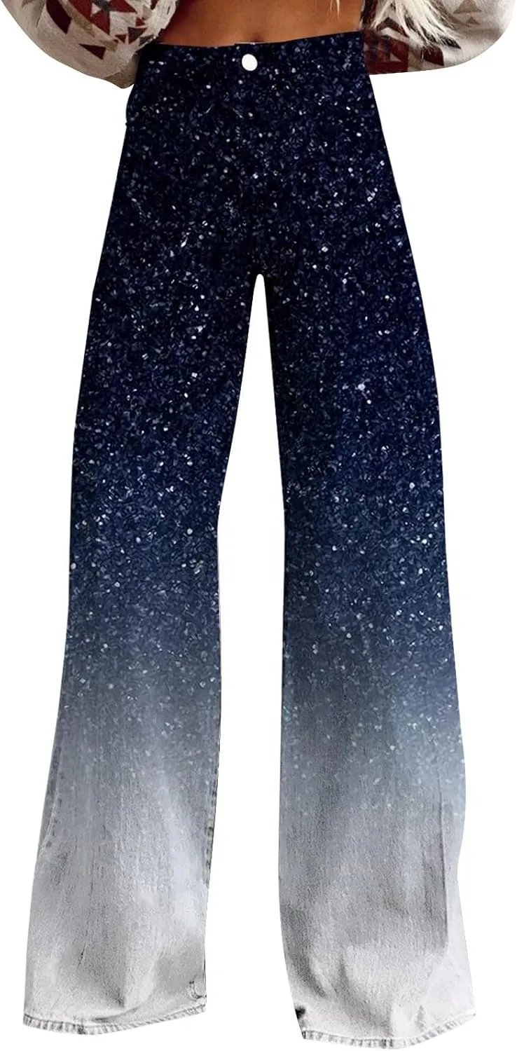 Flare Jeans for Women High Waist Wide Leg Palazzo Bell Bottom Boyfriend Denim Pants Gradient Color Baggy Ankle Jeans