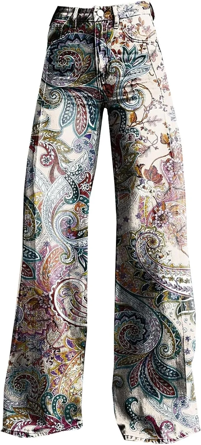Flare Jeans for Women Wide Leg Jeans 2025 Woman Vintage Floral Print High Waisted Straight Stretch Pants with Pocket