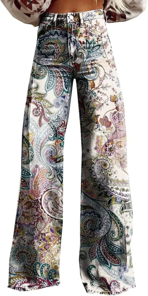Flare Jeans for Women Wide Leg Jeans 2025 Woman Vintage Floral Print High Waisted Straight Stretch Pants with Pocket