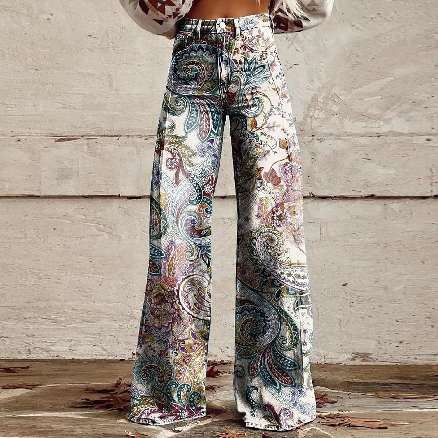 Flare Jeans for Women Wide Leg Jeans 2025 Woman Vintage Floral Print High Waisted Straight Stretch Pants with Pocket
