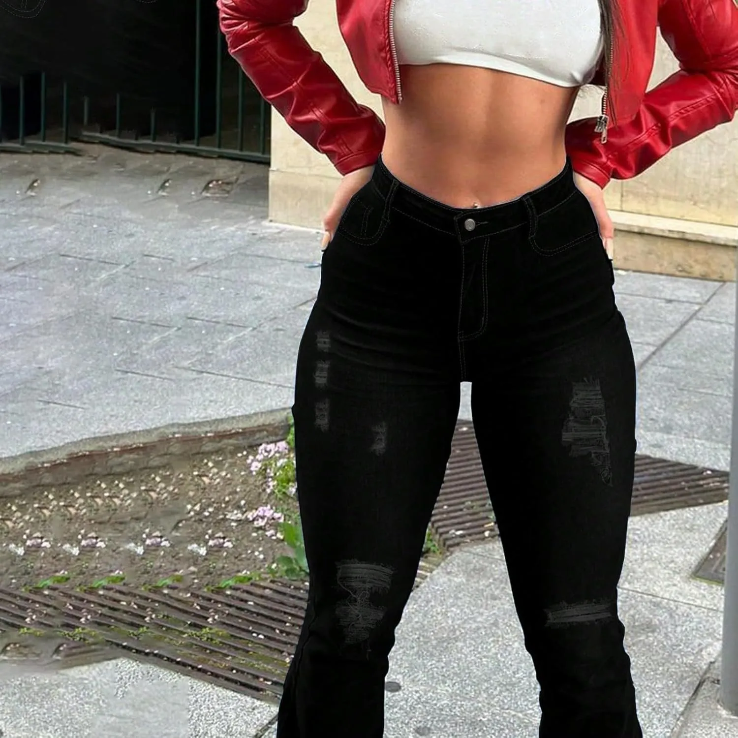 Flare Ripped Jeans Womens Bell Bottoms Distressed Jeans Skinny Bootcut Pants High Waisted Denim Pants with Pockets