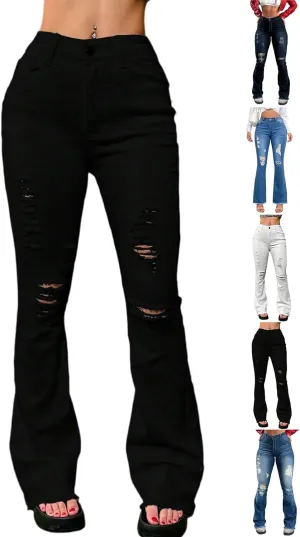Flare Ripped Jeans Womens Bell Bottoms Distressed Jeans Skinny Bootcut Pants High Waisted Denim Pants with Pockets