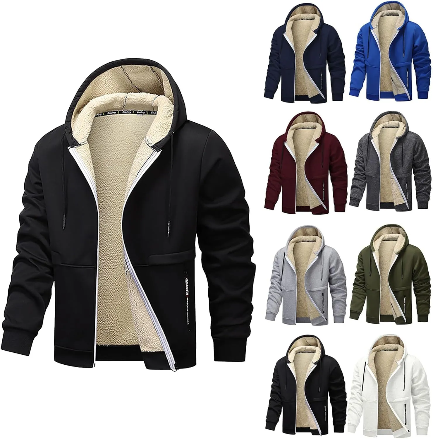 Fleece Jacket Men 2024 Winter Sherpa Lined Jackets Zip Up Hooded Coats Drawstring Thicken Warm Outerwear with Pocket