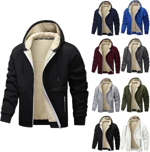 Fleece Jacket Men 2024 Winter Sherpa Lined Jackets Zip Up Hooded Coats Drawstring Thicken Warm Outerwear with Pocket