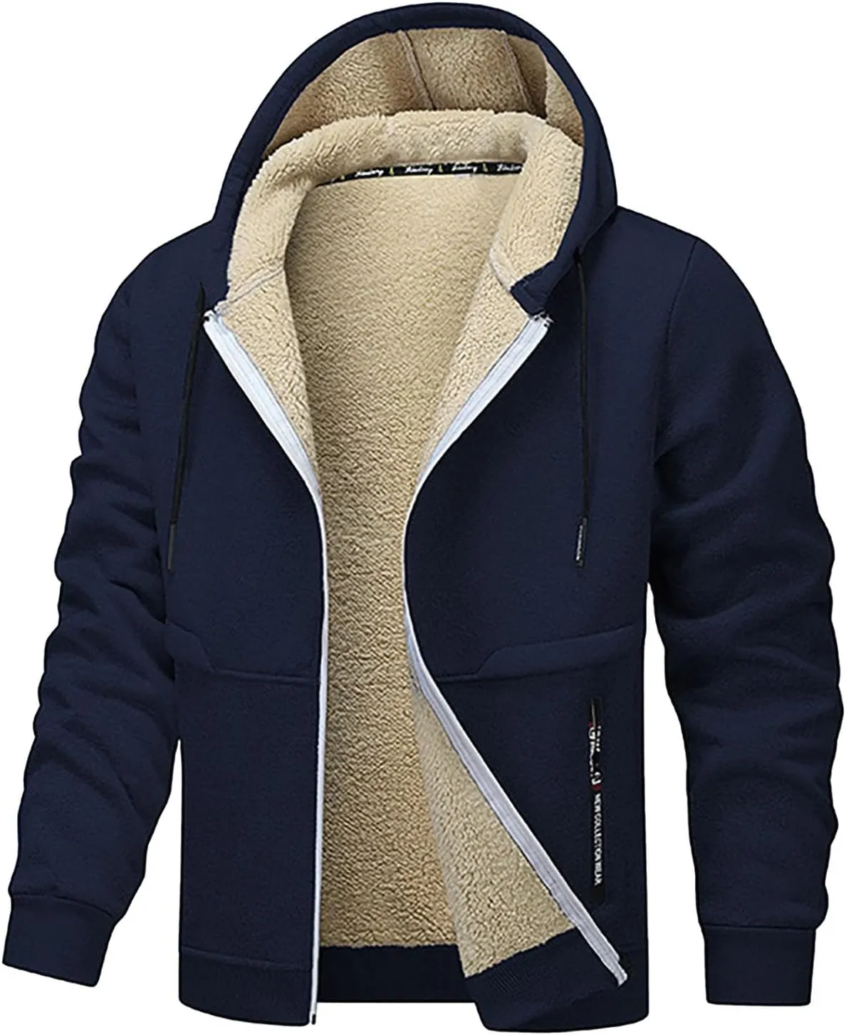 Fleece Jacket Men 2024 Winter Sherpa Lined Jackets Zip Up Hooded Coats Drawstring Thicken Warm Outerwear with Pocket