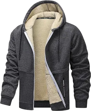 Fleece Jacket Men 2024 Winter Sherpa Lined Jackets Zip Up Hooded Coats Drawstring Thicken Warm Outerwear with Pocket