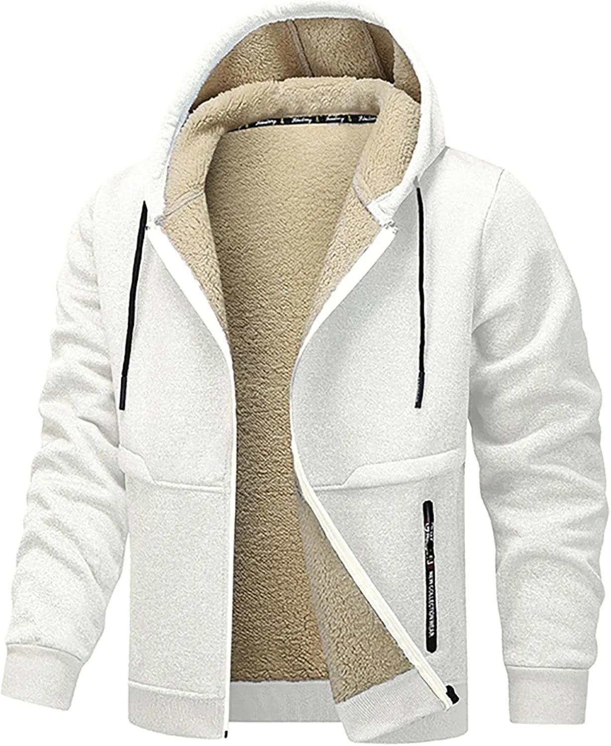 Fleece Jacket Men 2024 Winter Sherpa Lined Jackets Zip Up Hooded Coats Drawstring Thicken Warm Outerwear with Pocket