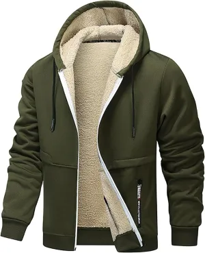 Fleece Jacket Men 2024 Winter Sherpa Lined Jackets Zip Up Hooded Coats Drawstring Thicken Warm Outerwear with Pocket