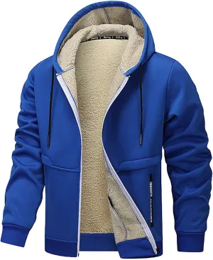 Fleece Jacket Men 2024 Winter Sherpa Lined Jackets Zip Up Hooded Coats Drawstring Thicken Warm Outerwear with Pocket