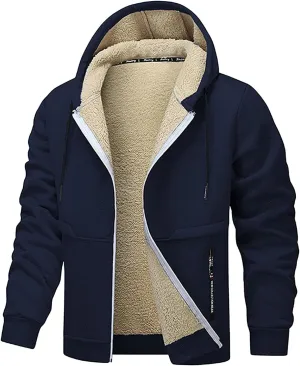 Fleece Jacket Men 2024 Winter Sherpa Lined Jackets Zip Up Hooded Coats Drawstring Thicken Warm Outerwear with Pocket