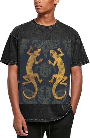 Gecko Lizards Mens Oversized T Shirts Vintage Cotton Short Sleeves Casual Summer Tee Washed Unisex Tops