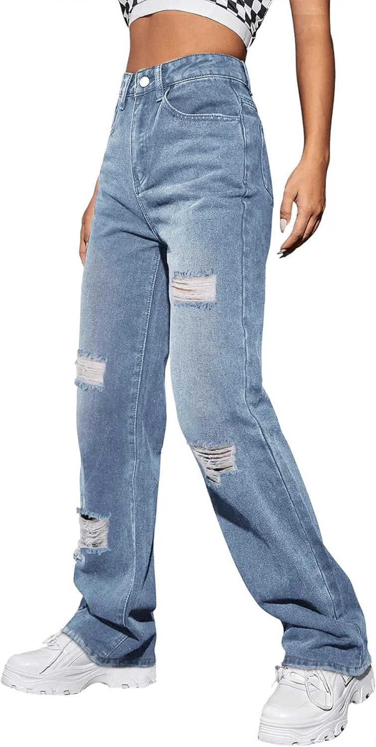 Genleck Women Loose Ripped Boyfriends Jeans High Waist Baggy Denim Pants Distressed Wide Leg Jeans Y2K