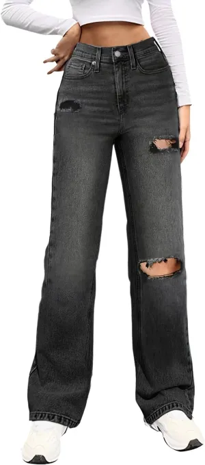 Genleck Women Loose Ripped Boyfriends Jeans High Waist Baggy Denim Pants Distressed Wide Leg Jeans Y2K