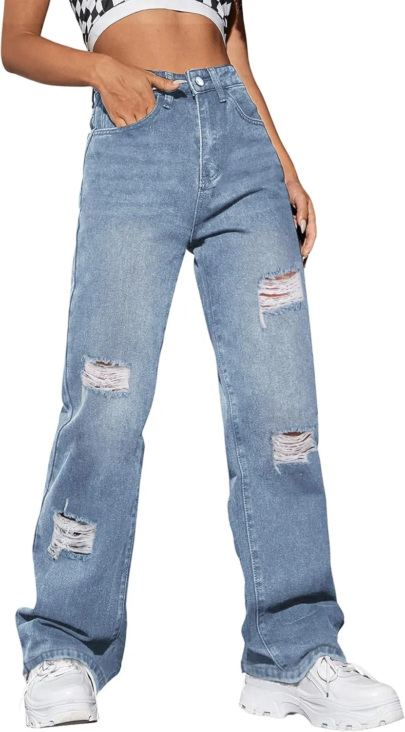 Genleck Women Loose Ripped Boyfriends Jeans High Waist Baggy Denim Pants Distressed Wide Leg Jeans Y2K