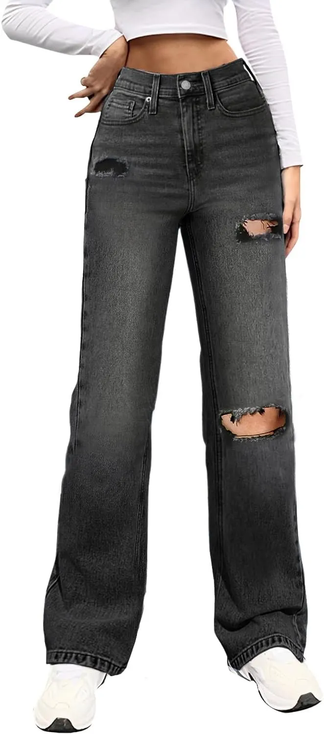 Genleck Women Loose Ripped Boyfriends Jeans High Waist Baggy Denim Pants Distressed Wide Leg Jeans Y2K