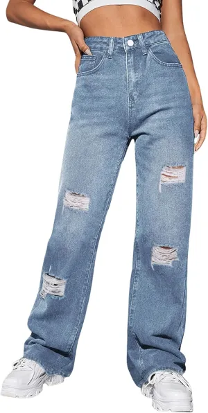 Genleck Women Loose Ripped Boyfriends Jeans High Waist Baggy Denim Pants Distressed Wide Leg Jeans Y2K
