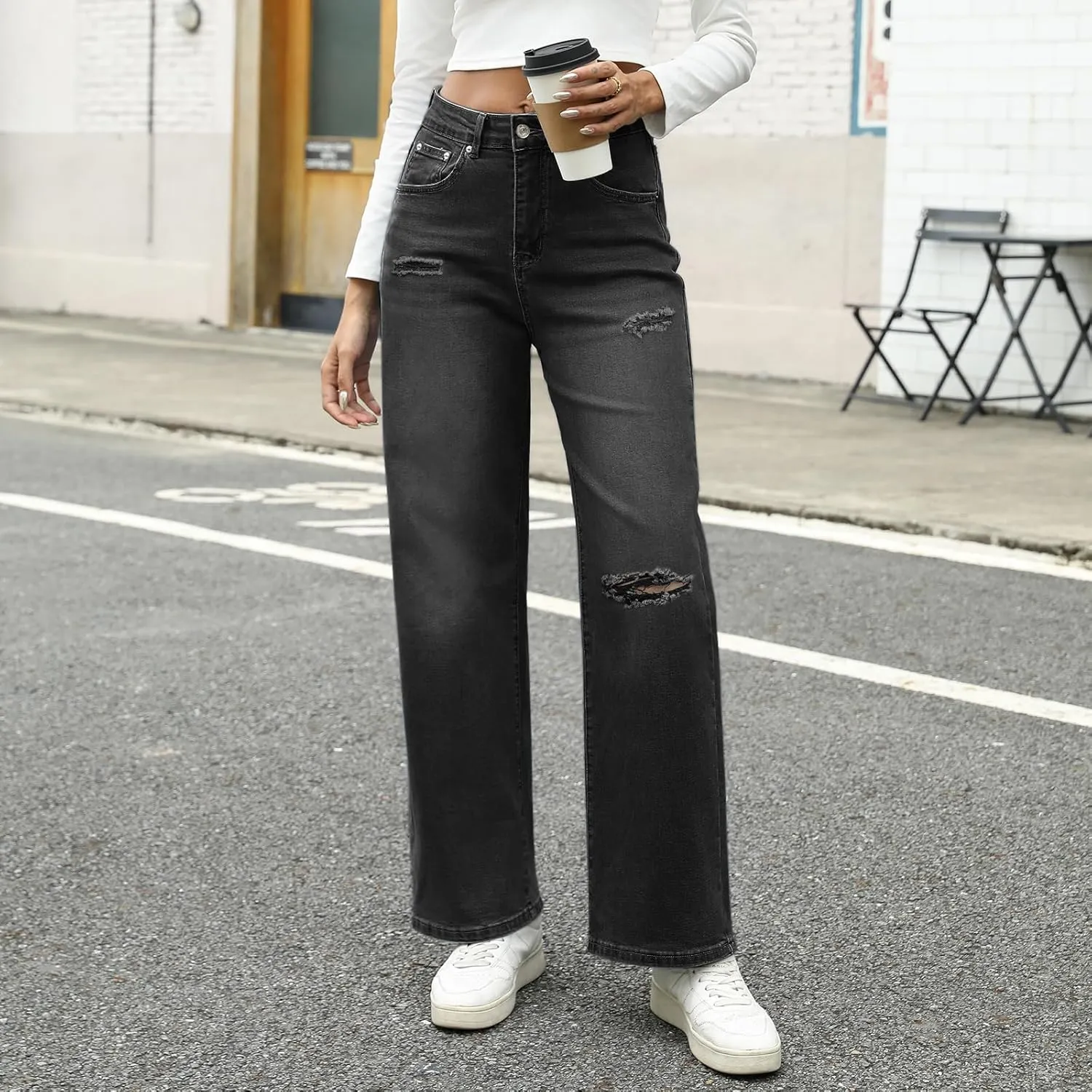 Genleck Women Loose Ripped Boyfriends Jeans High Waist Baggy Denim Pants Distressed Wide Leg Jeans Y2K