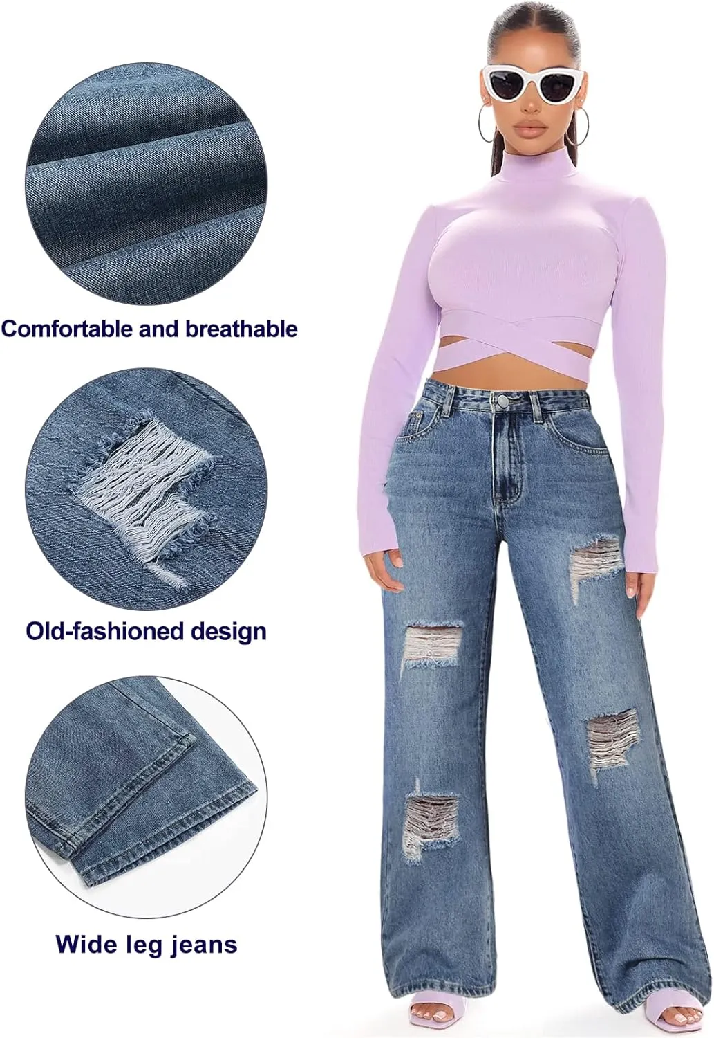 Genleck Women Loose Ripped Boyfriends Jeans High Waist Baggy Denim Pants Distressed Wide Leg Jeans Y2K