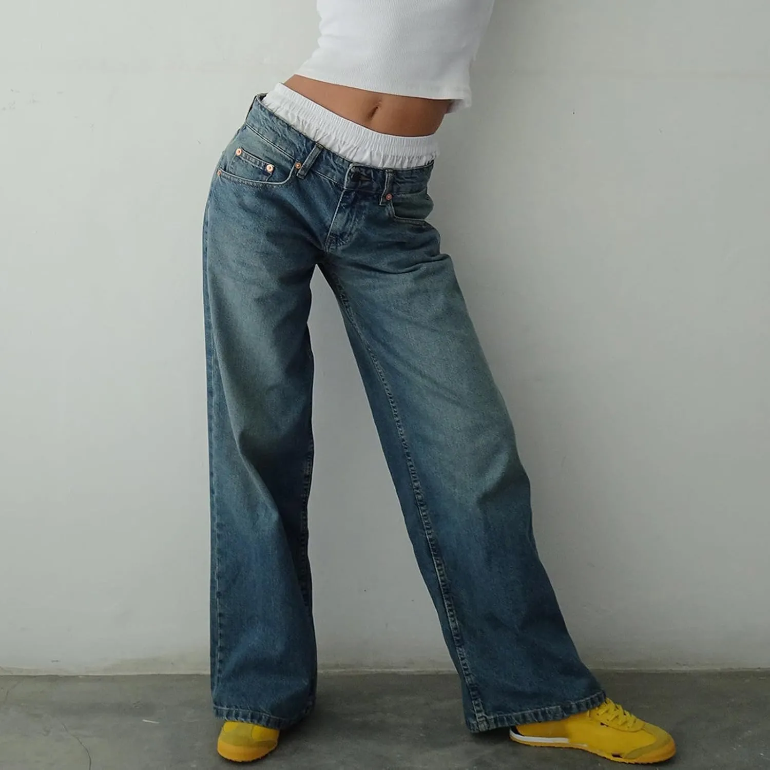 Giraropa Low Rise Baggy Jeans for Women Trendy Straight Wide Leg Y2K Boyfriend Jeans Denim Pants with Pocket Streetwear