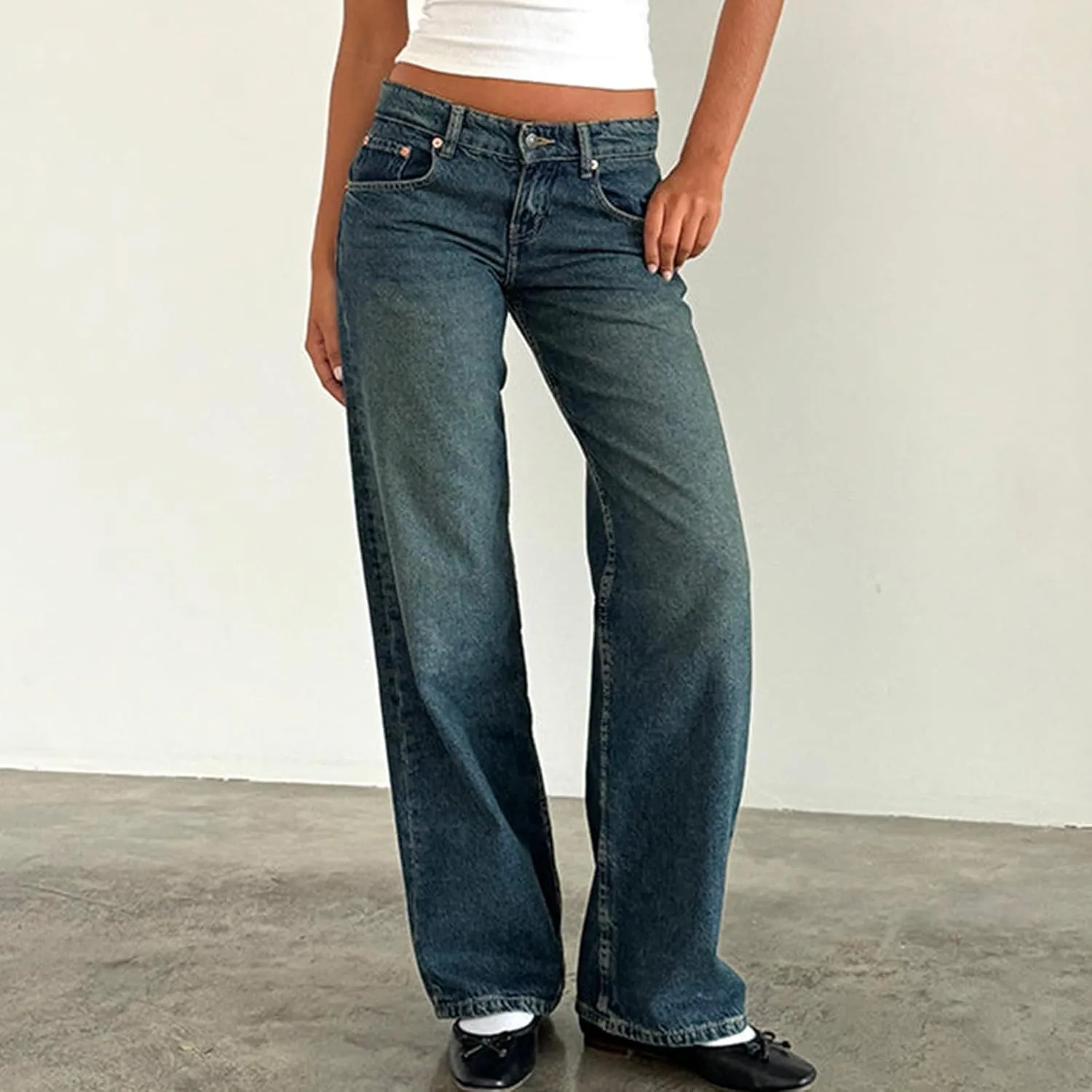 Giraropa Low Rise Baggy Jeans for Women Trendy Straight Wide Leg Y2K Boyfriend Jeans Denim Pants with Pocket Streetwear
