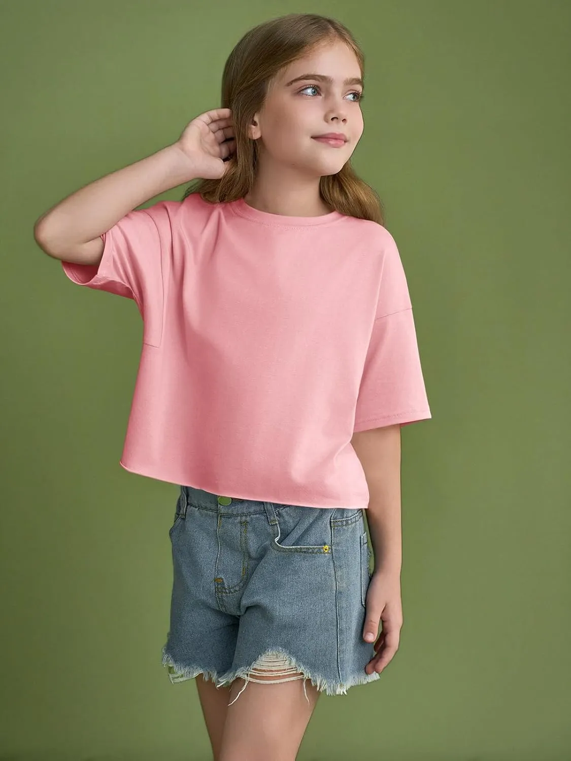 Girls Athletic Oversized Crop Tops Kids Drop Shoulder Short Sleeve T Shirts Workout Tees 5-14 Years