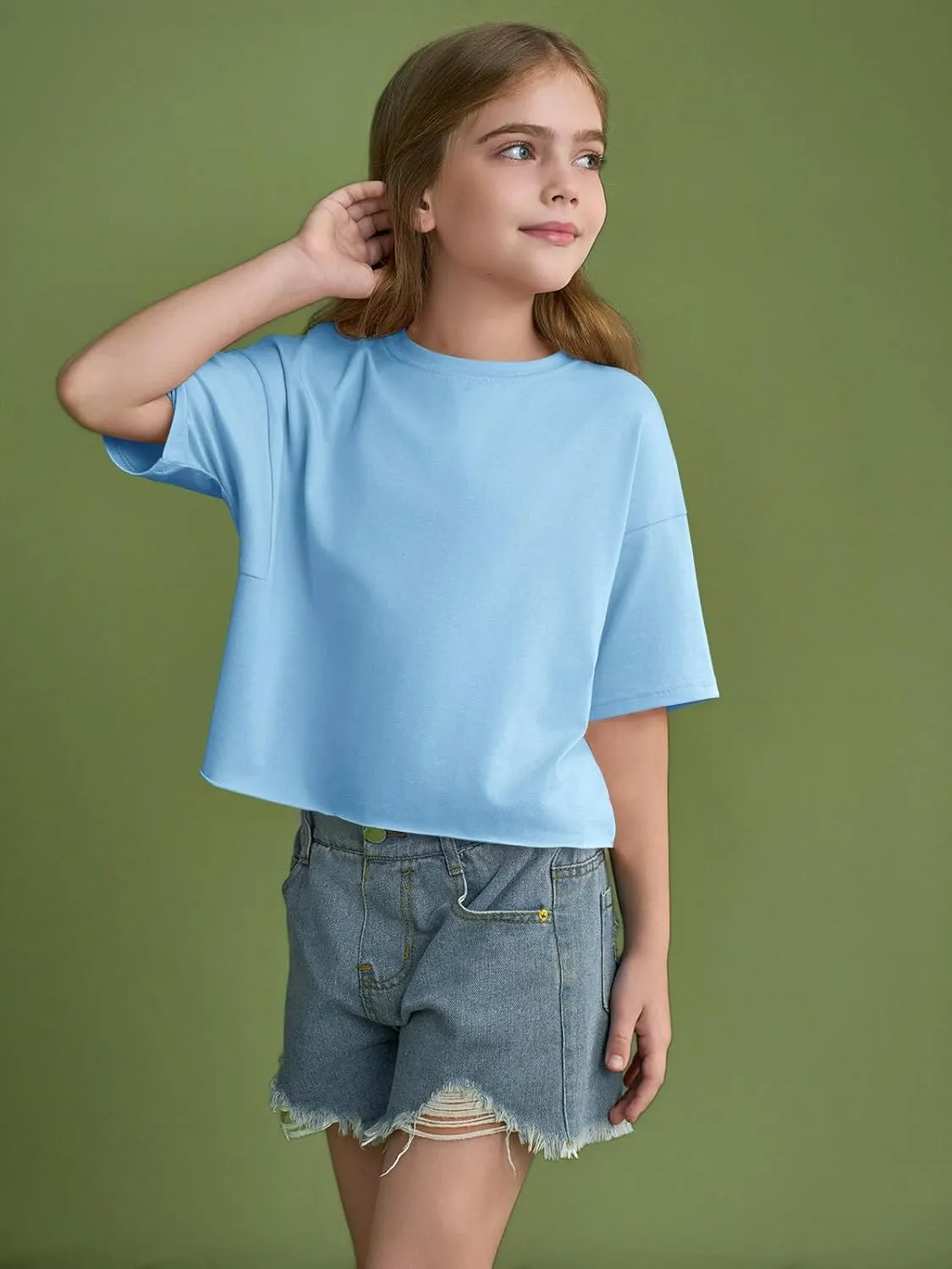 Girls Athletic Oversized Crop Tops Kids Drop Shoulder Short Sleeve T Shirts Workout Tees 5-14 Years