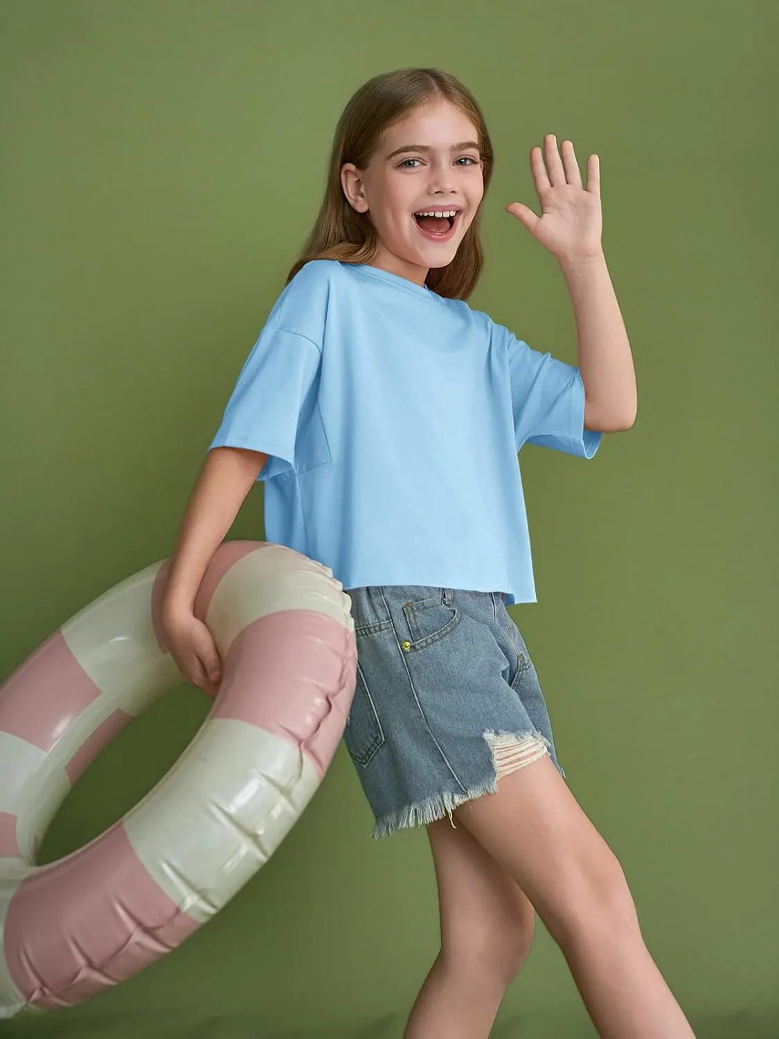 Girls Athletic Oversized Crop Tops Kids Drop Shoulder Short Sleeve T Shirts Workout Tees 5-14 Years