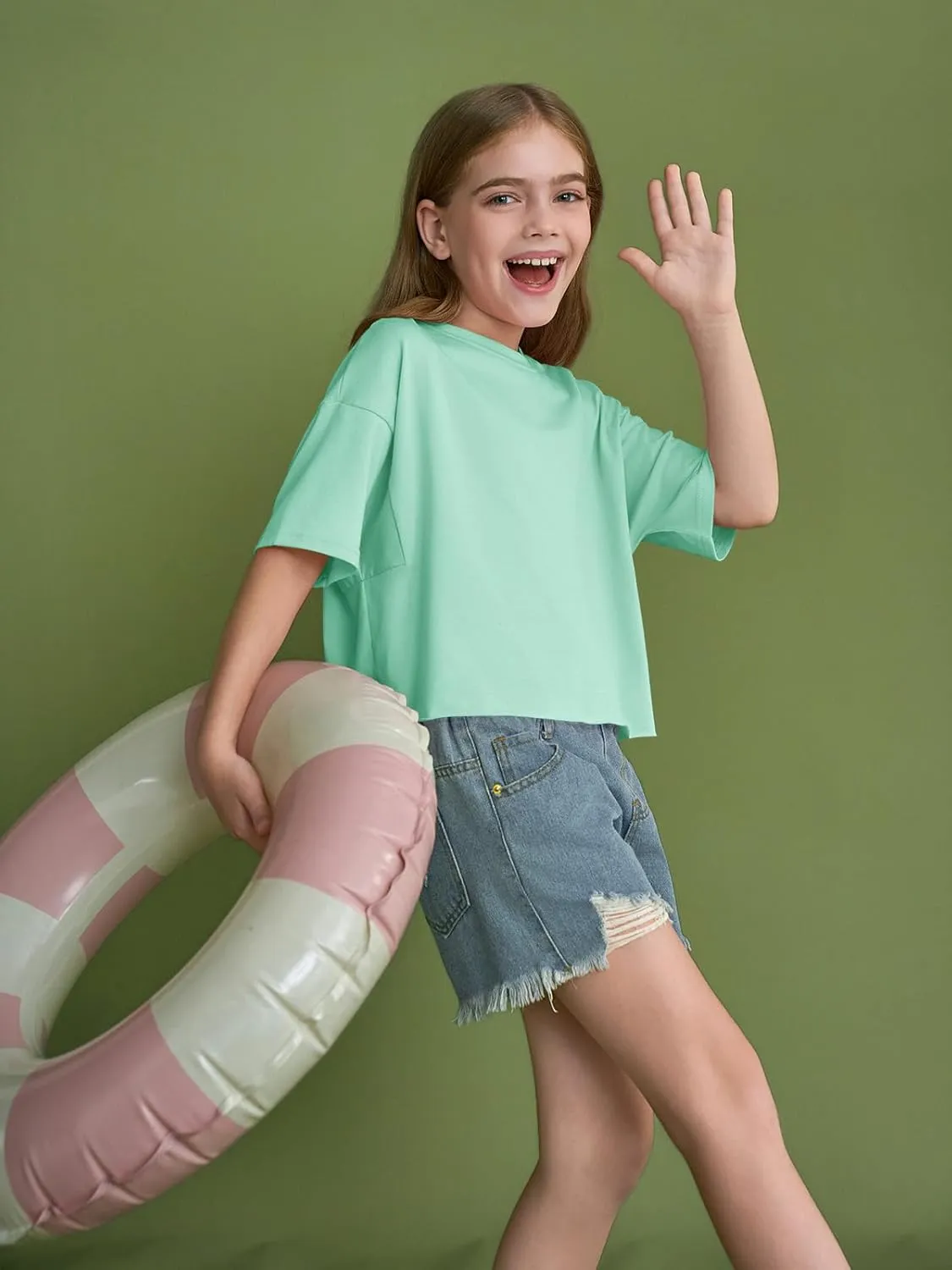 Girls Athletic Oversized Crop Tops Kids Drop Shoulder Short Sleeve T Shirts Workout Tees 5-14 Years