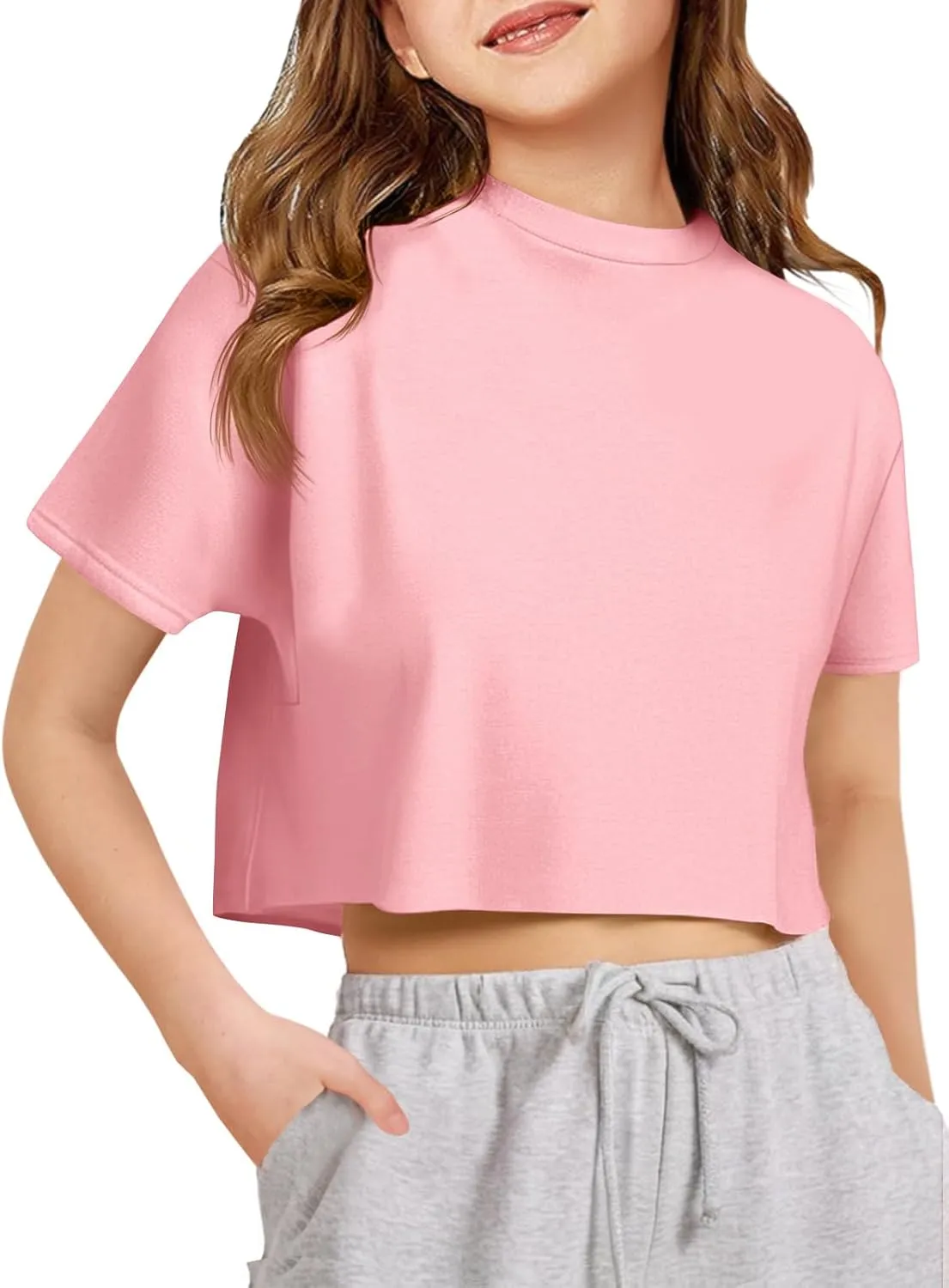 Girls Athletic Oversized Crop Tops Kids Drop Shoulder Short Sleeve T Shirts Workout Tees 5-14 Years