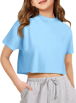 Girls Athletic Oversized Crop Tops Kids Drop Shoulder Short Sleeve T Shirts Workout Tees 5-14 Years