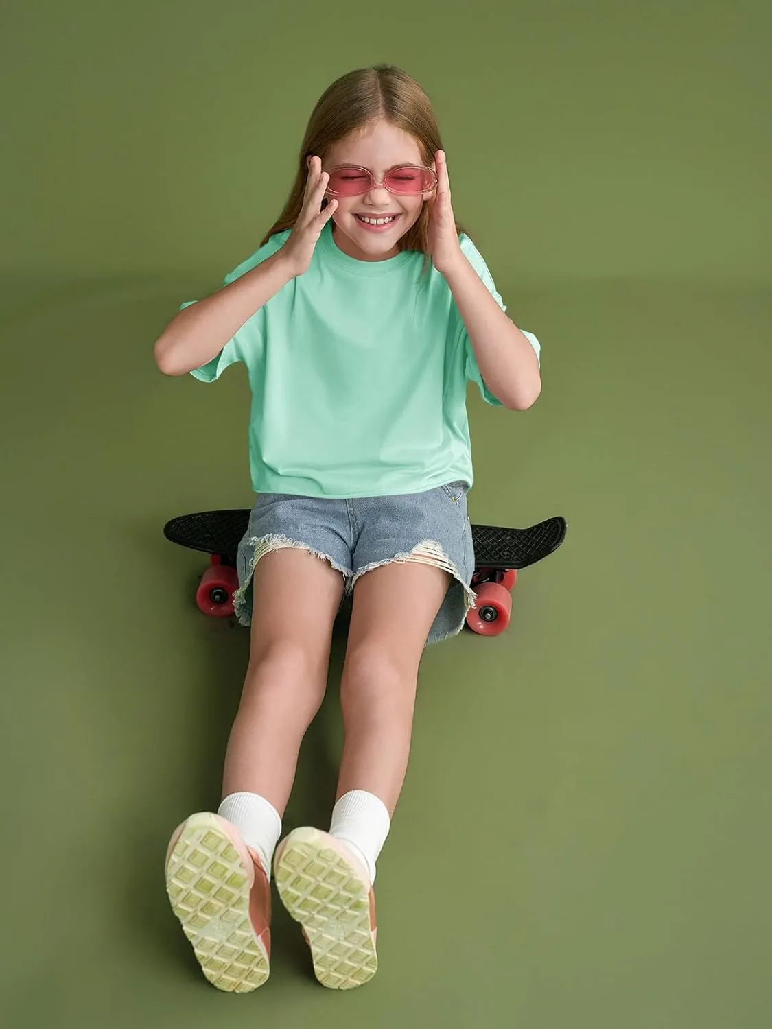 Girls Athletic Oversized Crop Tops Kids Drop Shoulder Short Sleeve T Shirts Workout Tees 5-14 Years