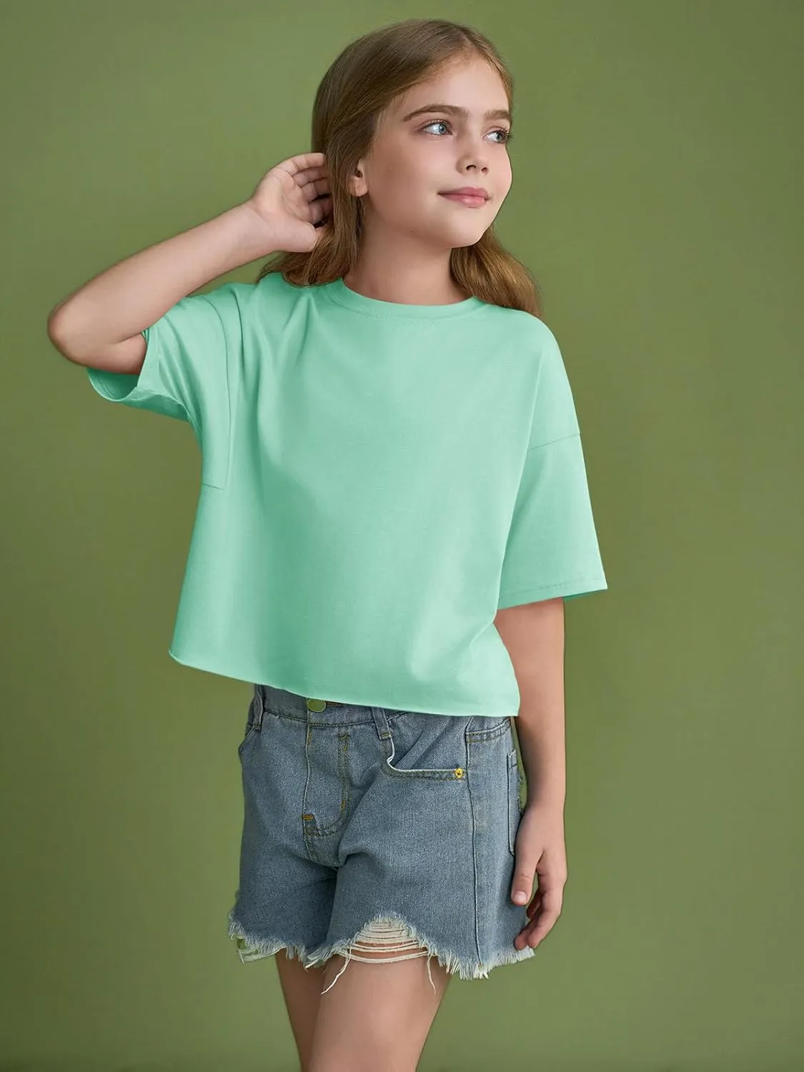 Girls Athletic Oversized Crop Tops Kids Drop Shoulder Short Sleeve T Shirts Workout Tees 5-14 Years