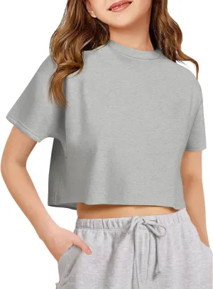 Girls Athletic Oversized Crop Tops Kids Drop Shoulder Short Sleeve T Shirts Workout Tees 5-14 Years