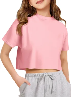 Girls Athletic Oversized Crop Tops Kids Drop Shoulder Short Sleeve T Shirts Workout Tees 5-14 Years