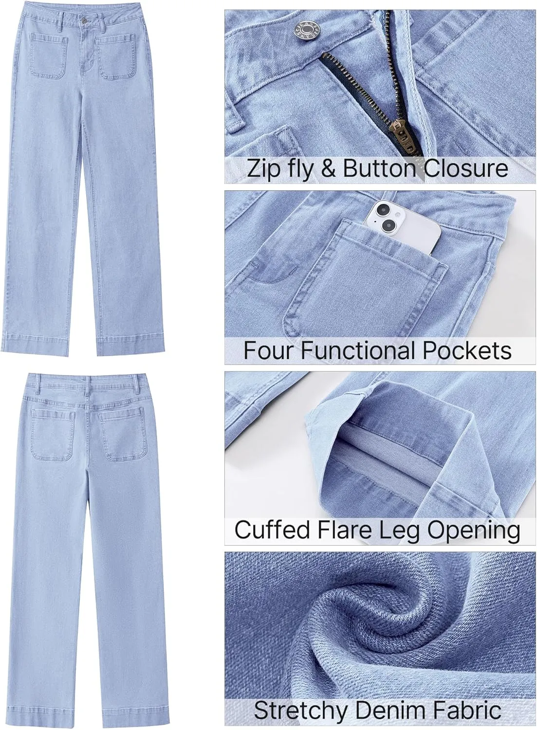 GRAPENT Wide Leg Jeans for Women High Waisted Flare Trendy Stretchy Denim Pants Duo Pockets Trouser Jeans