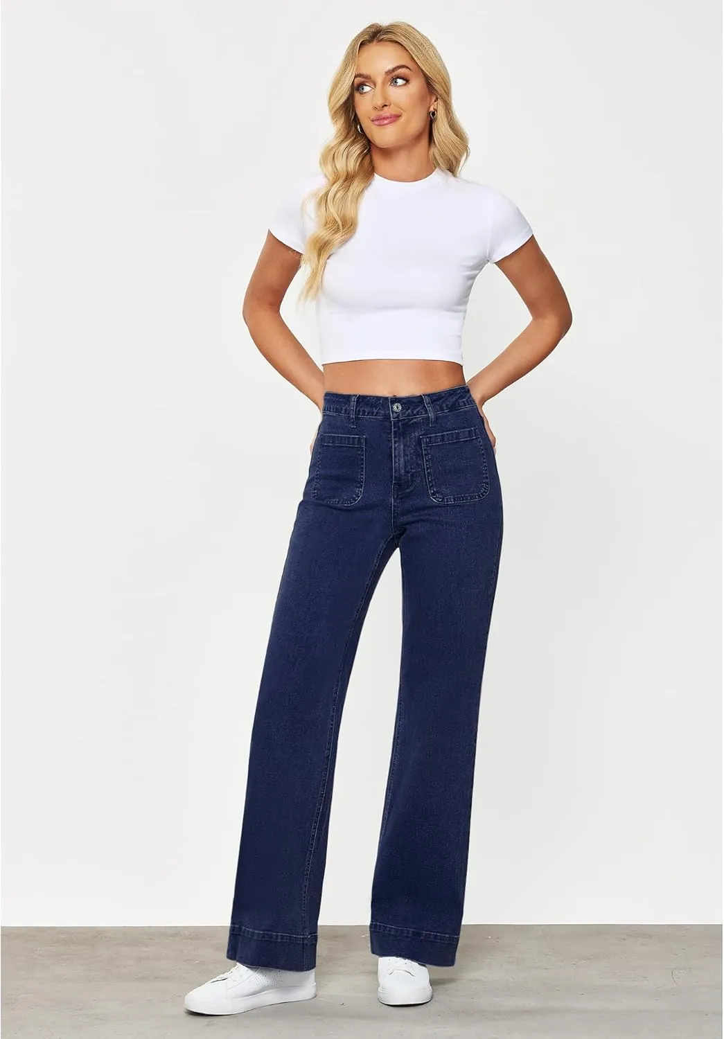 GRAPENT Wide Leg Jeans for Women High Waisted Flare Trendy Stretchy Denim Pants Duo Pockets Trouser Jeans