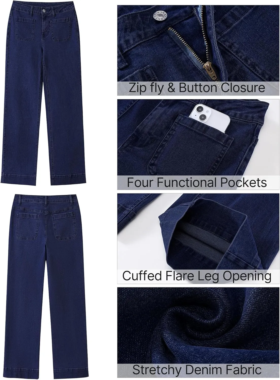 GRAPENT Wide Leg Jeans for Women High Waisted Flare Trendy Stretchy Denim Pants Duo Pockets Trouser Jeans