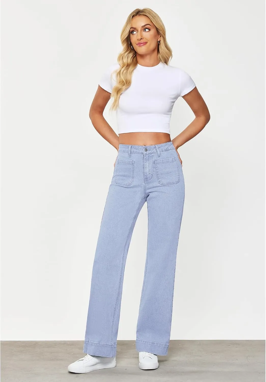 GRAPENT Wide Leg Jeans for Women High Waisted Flare Trendy Stretchy Denim Pants Duo Pockets Trouser Jeans