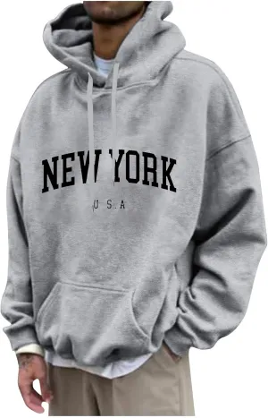 Graphic Hoodies for Men Letter Print Hoodies New York Country Sweatshirt Solid Long Sleeve Y2K Hoodie