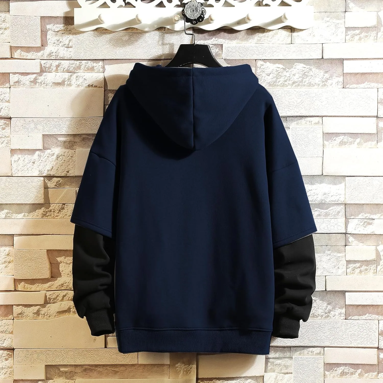 GURUNVANI Fashion Hoodies Men's Color Block Pullover O-Neck Hooded Sweatshirt Patchwork