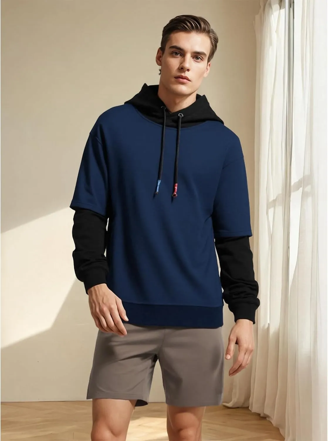 GURUNVANI Fashion Hoodies Men's Color Block Pullover O-Neck Hooded Sweatshirt Patchwork