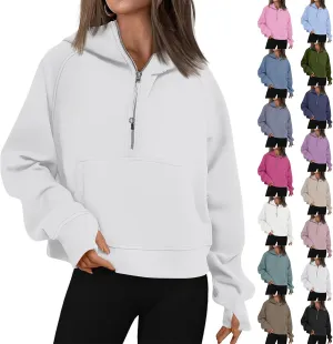 Half Zip Hoodie Cropped Fleece Sweatshirts for Women Oversized Stand Collar Thumb Hole Comfy Pullover Hoodies