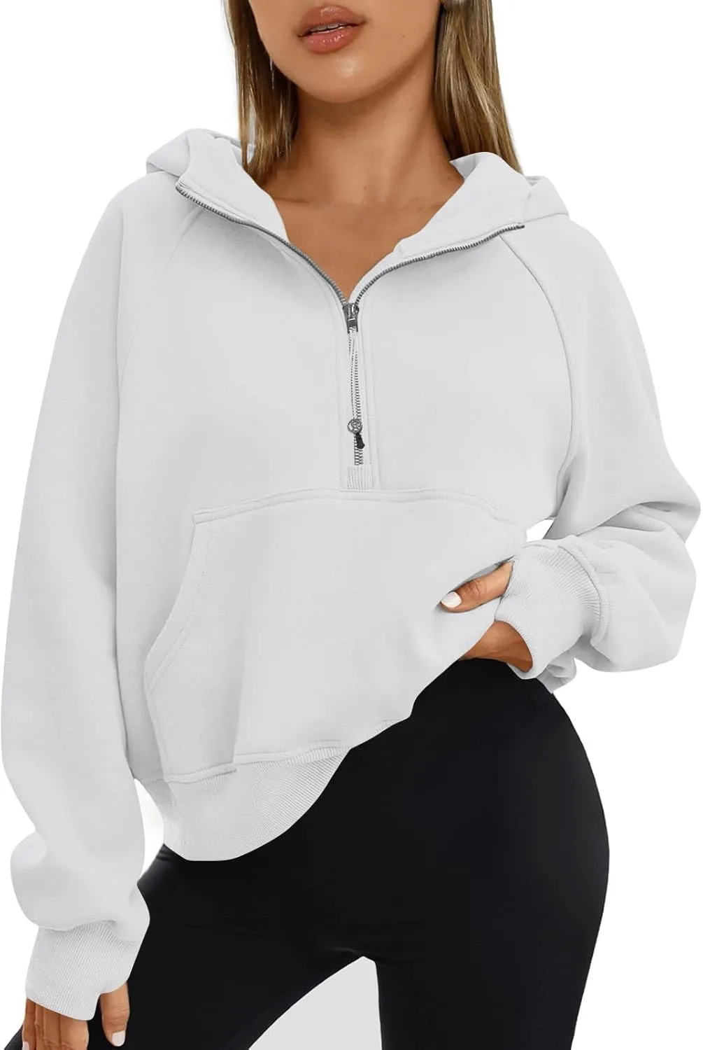 Half Zip Hoodie Cropped Fleece Sweatshirts for Women Oversized Stand Collar Thumb Hole Comfy Pullover Hoodies