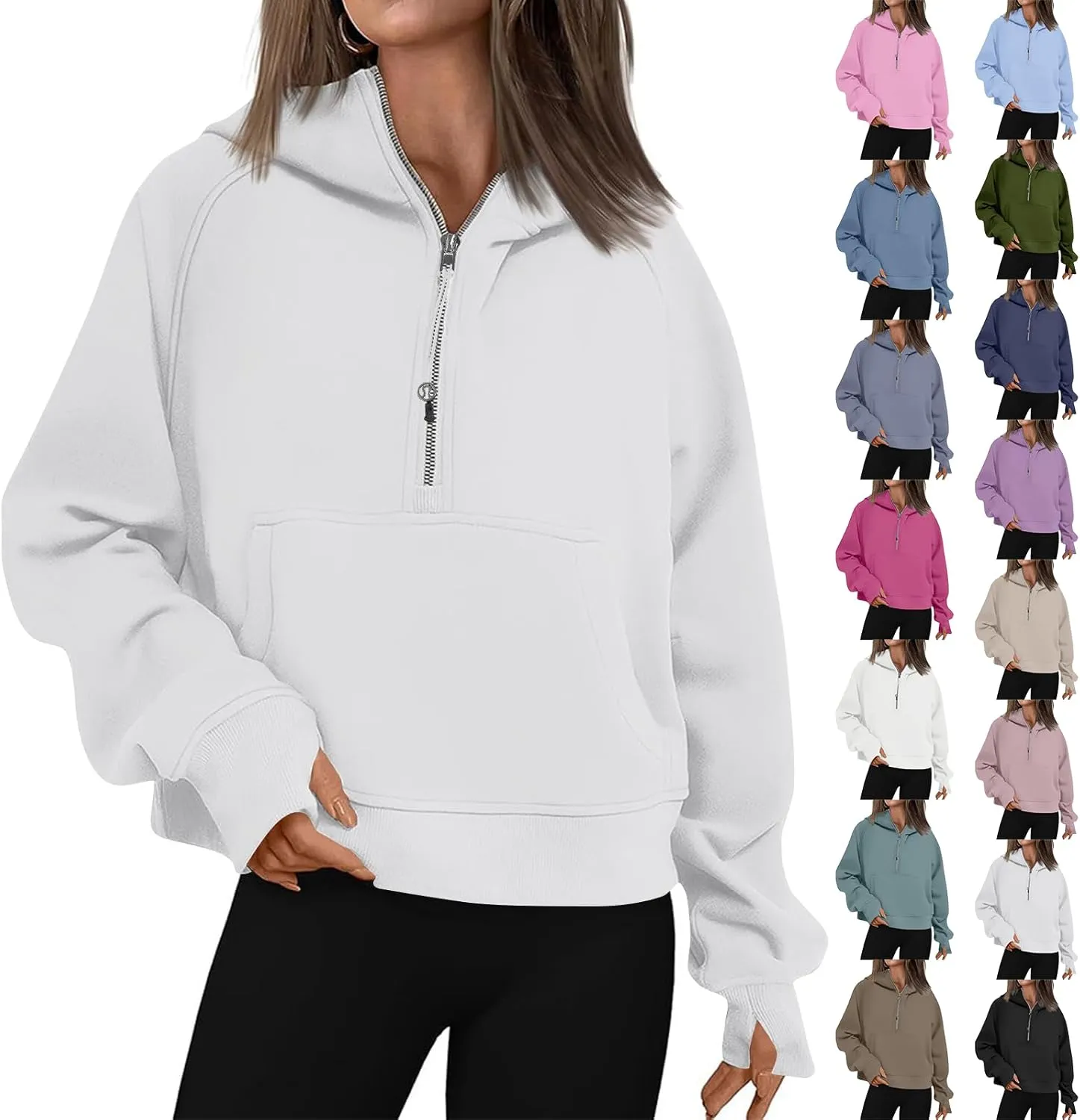 Half Zip Hoodie Cropped Fleece Sweatshirts for Women Oversized Stand Collar Thumb Hole Comfy Pullover Hoodies