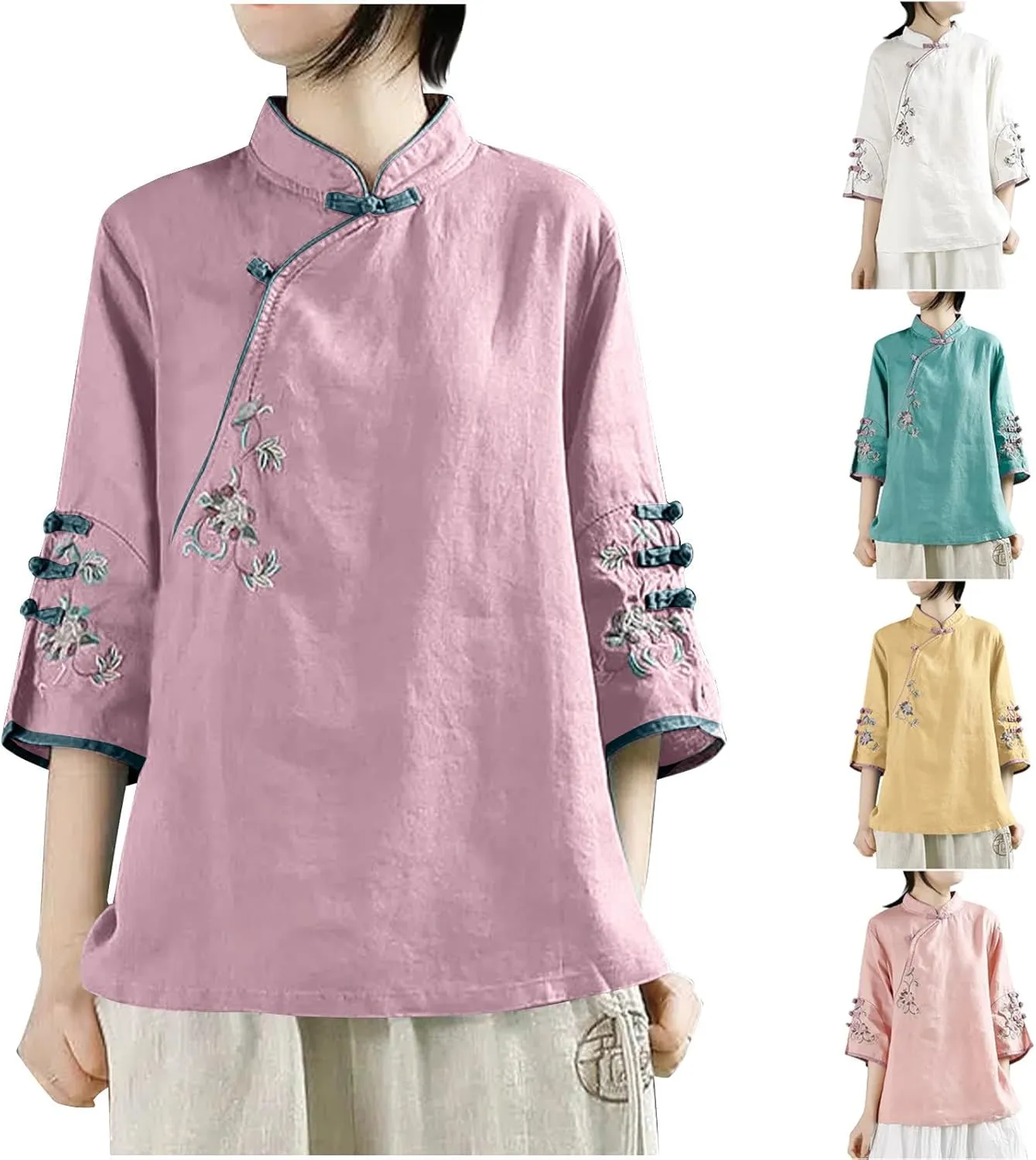 HGps8w Cotton Linen Embroidery Blouse for Women Retro Chinese Frog Button Tops Loose Fit 3/4 Sleeve Layered Tunic Shirts
