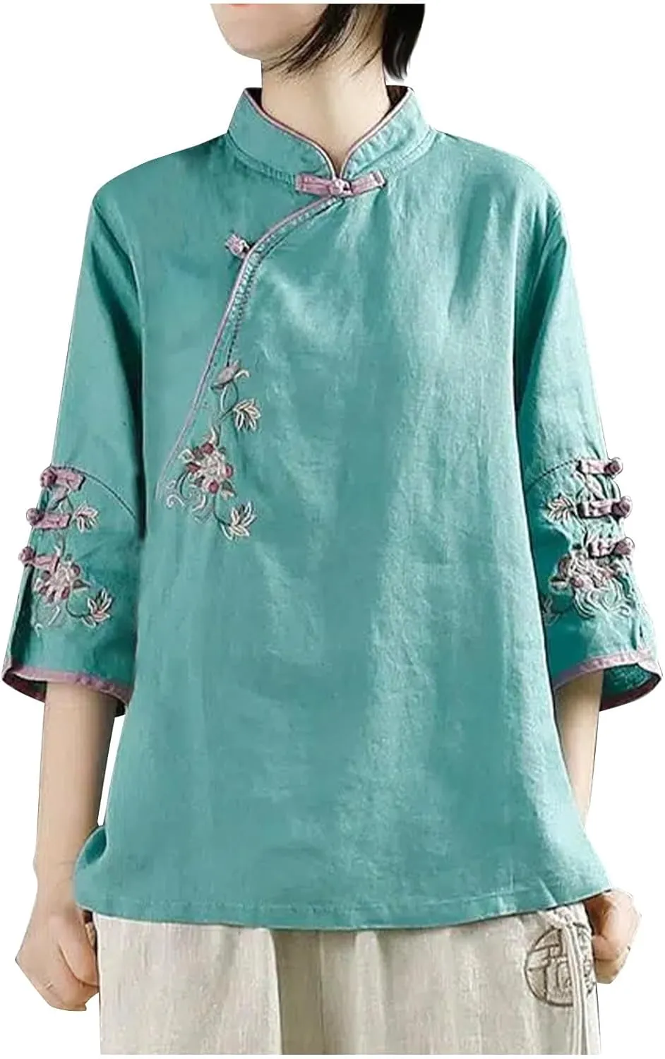 HGps8w Cotton Linen Embroidery Blouse for Women Retro Chinese Frog Button Tops Loose Fit 3/4 Sleeve Layered Tunic Shirts