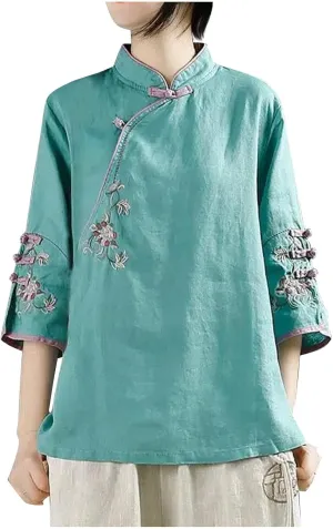HGps8w Cotton Linen Embroidery Blouse for Women Retro Chinese Frog Button Tops Loose Fit 3/4 Sleeve Layered Tunic Shirts
